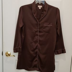 Cabernet Brown Satin Long Sleeve Pajama Shirt with Pale Pink Piping